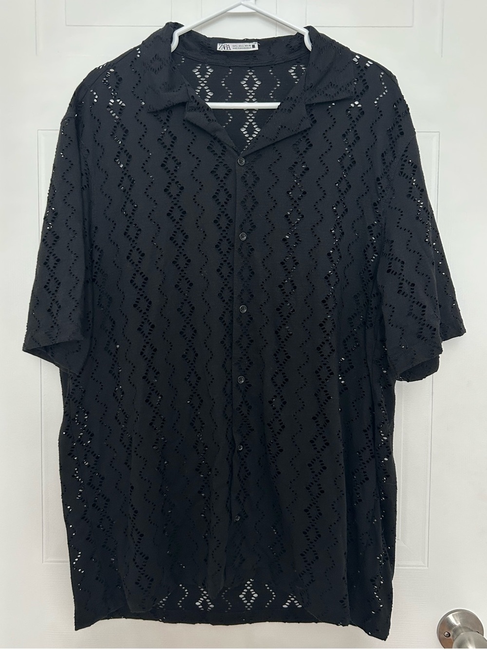 Zara Black Short Sleeve Eyelet Button-Down Shirt Men’s Size L